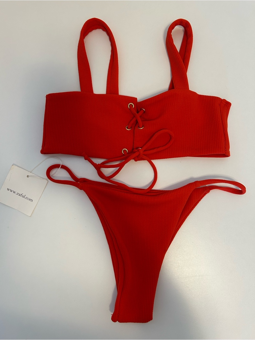 Zaful Red Lace-Up Ribbed Bikini
